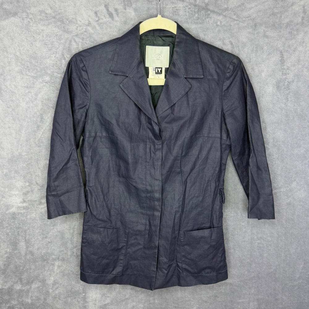 Versace Jeans Couture Jacket Womens 38 Navy Coated Cotton Linen Blazer IT 38